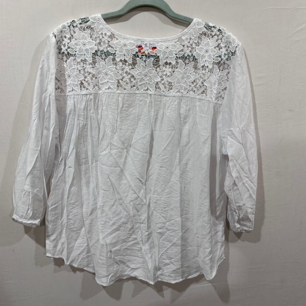 Hester & Orchard White Lace Floral Yoke Boho Blouse Women Lrge 3/4 Sleeve V-Neck - Picture 2 of 6